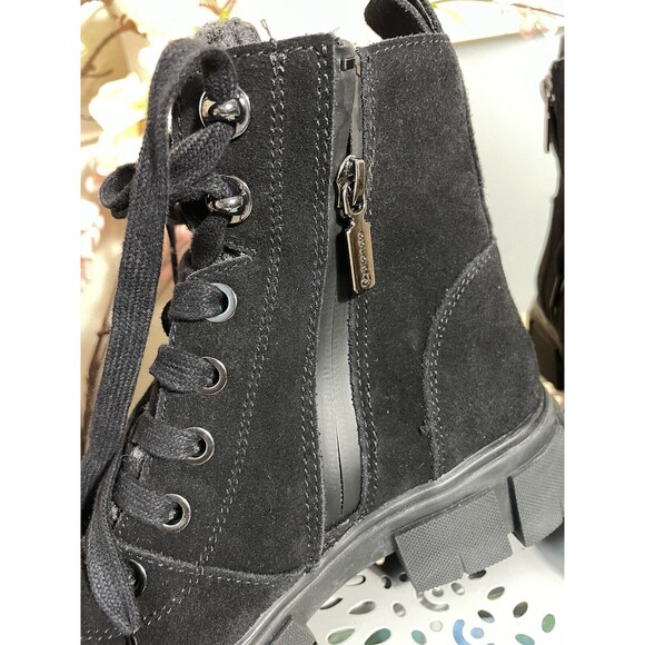 Womens Black Suede Lace-up Combat Boots Chunky Lug Sole Ankle Winter Booties 6.5 - Picture 12 of 14